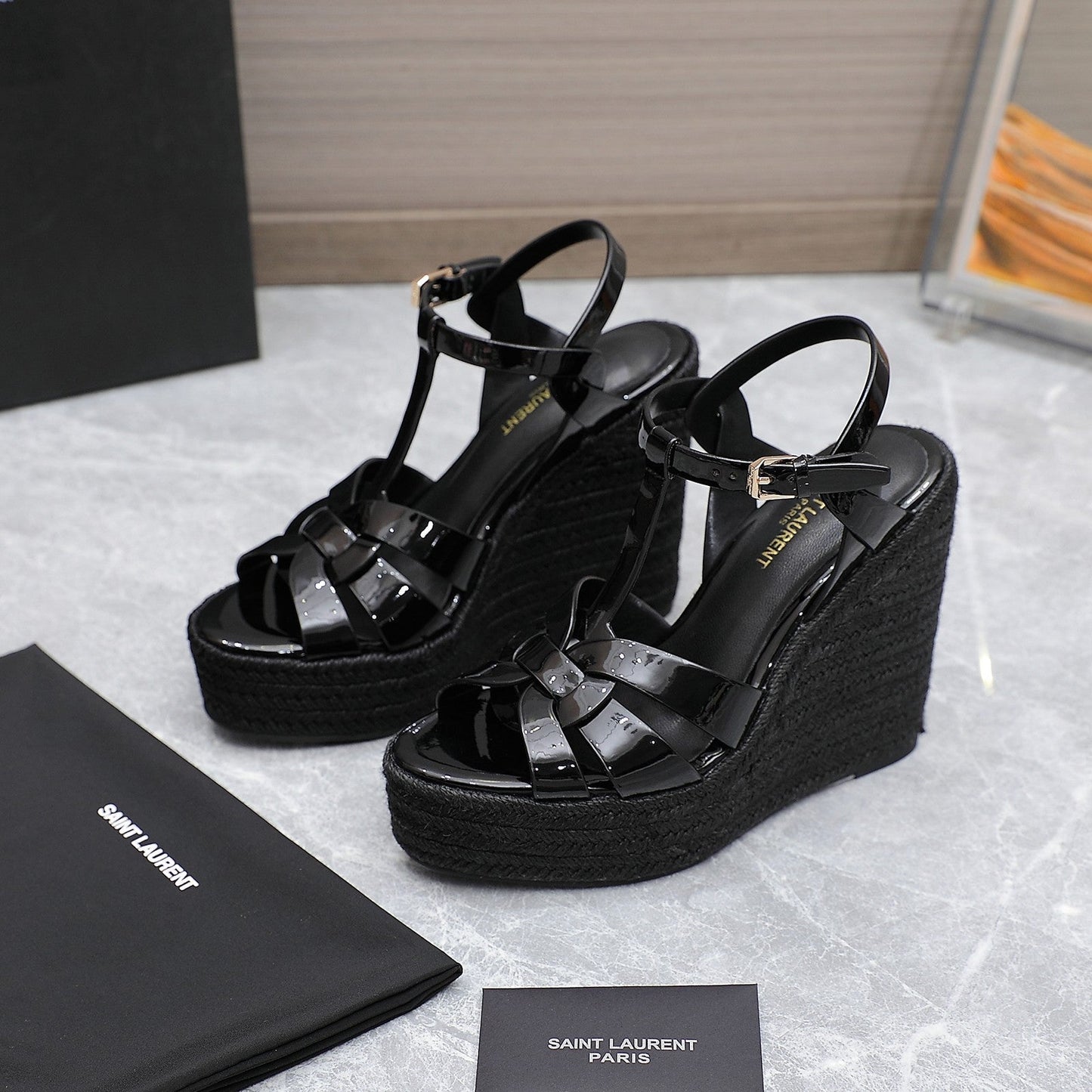 SL TRIBUTE WEDGE SANDALS BLACK POLISHED CALFSKIN