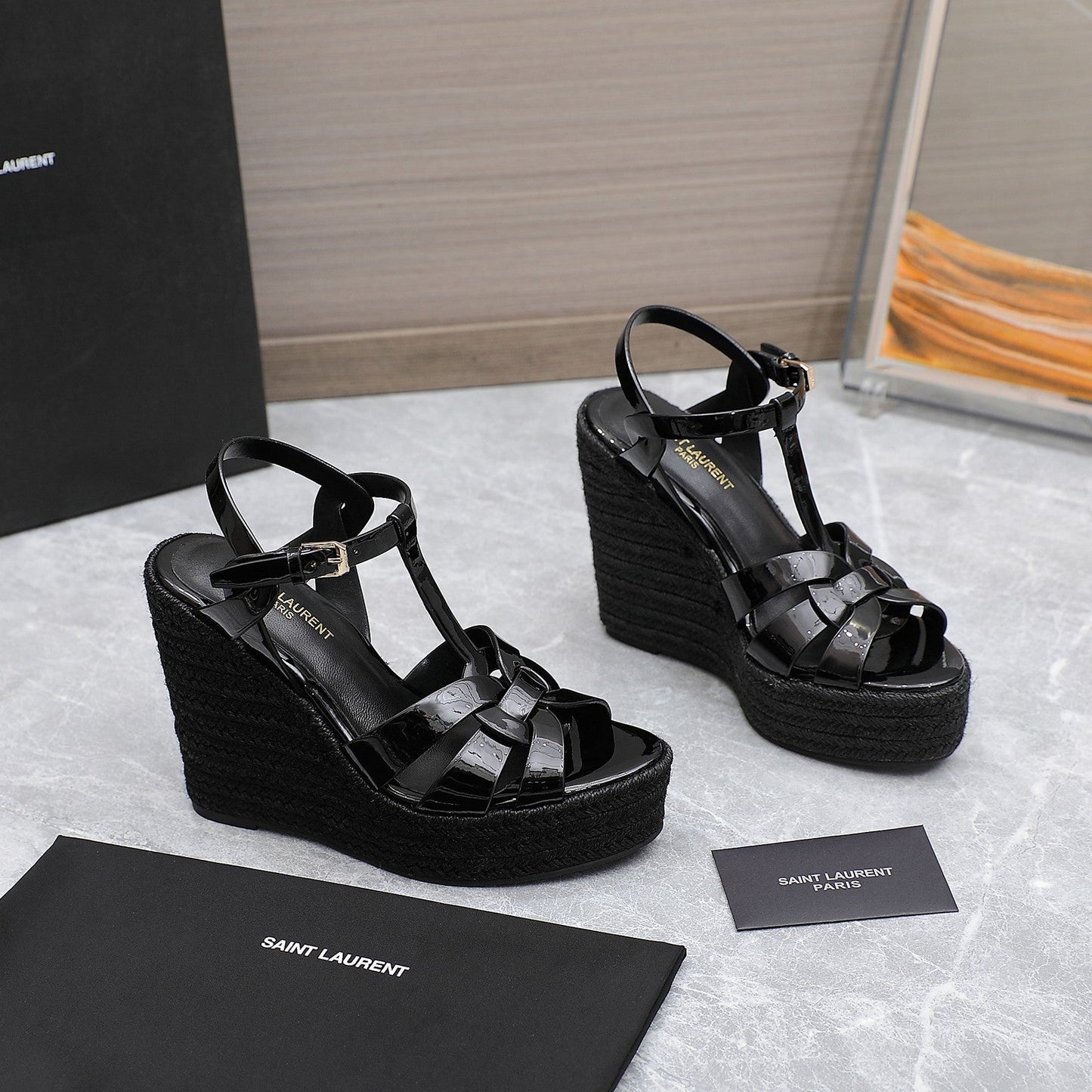 SL TRIBUTE WEDGE SANDALS BLACK POLISHED CALFSKIN