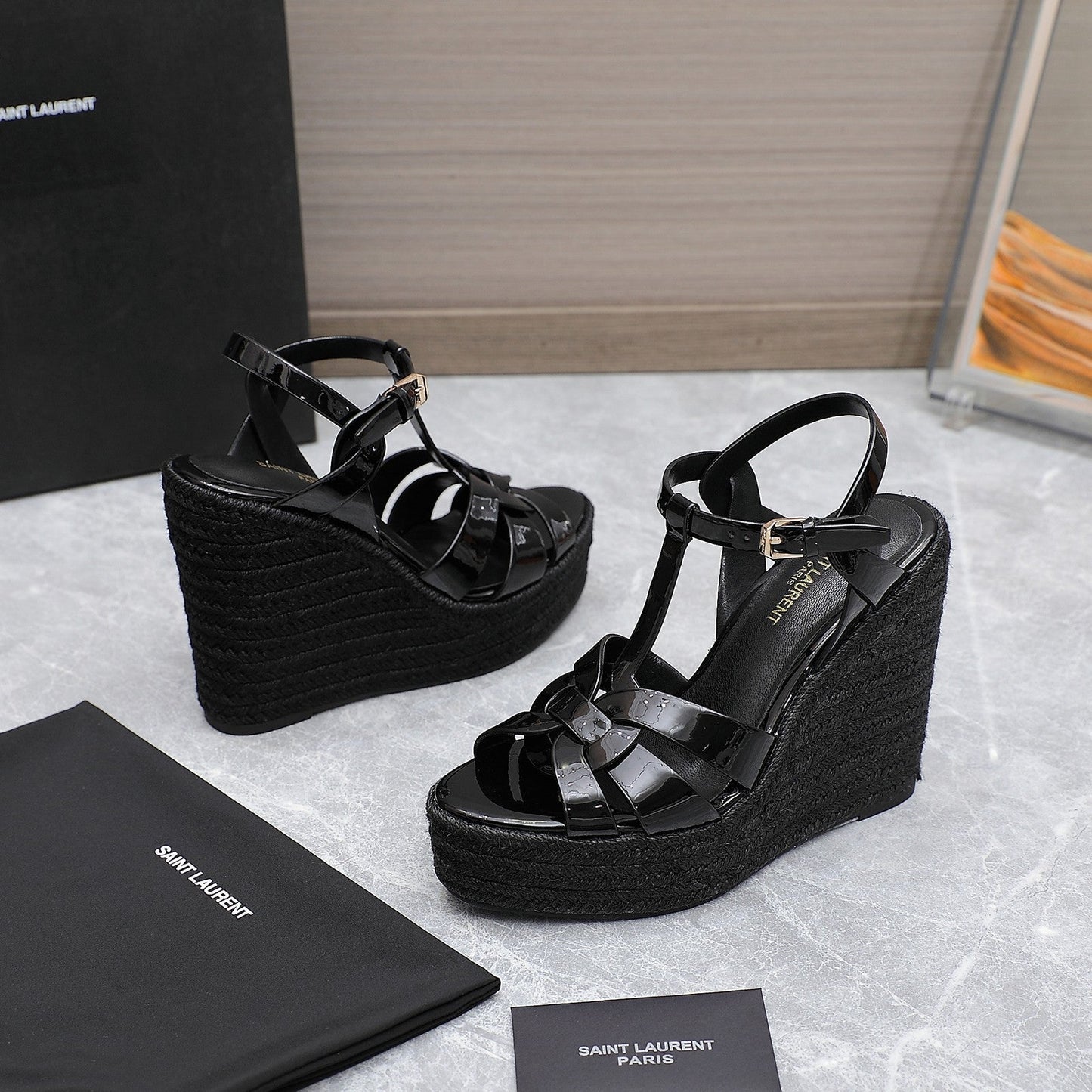 SL TRIBUTE WEDGE SANDALS BLACK POLISHED CALFSKIN