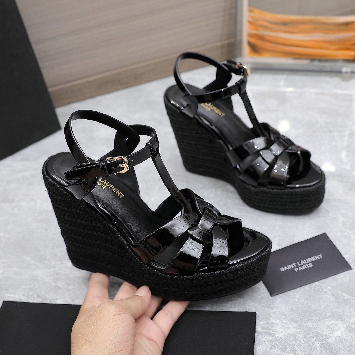 SL TRIBUTE WEDGE SANDALS BLACK POLISHED CALFSKIN