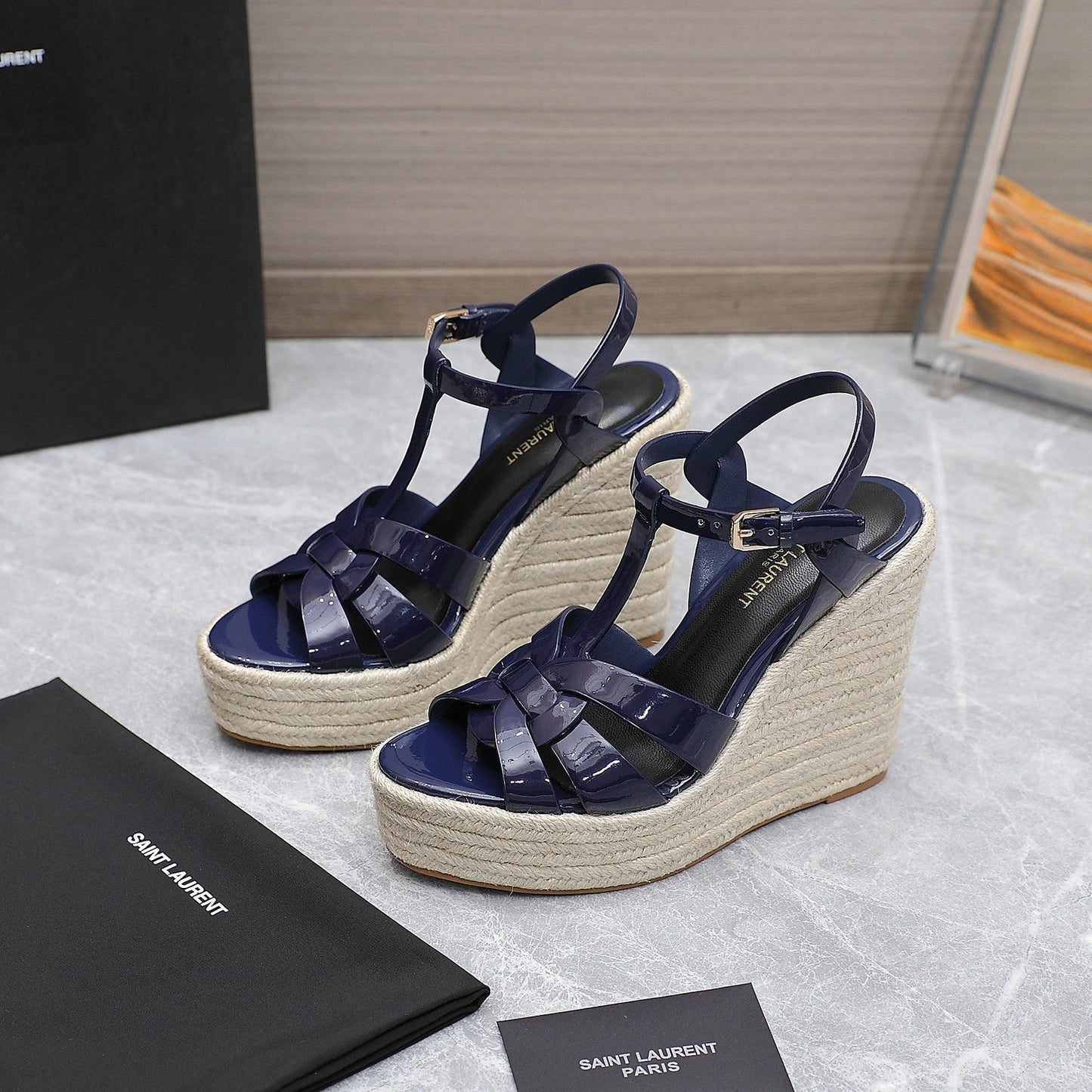 SL TRIBUTE WEDGE SANDALS NAVY POLISHED CALFSKIN