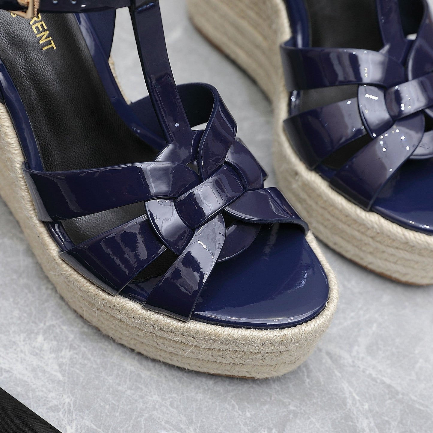 SL TRIBUTE WEDGE SANDALS NAVY POLISHED CALFSKIN