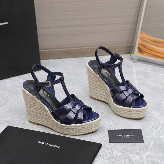 SL TRIBUTE WEDGE SANDALS NAVY POLISHED CALFSKIN