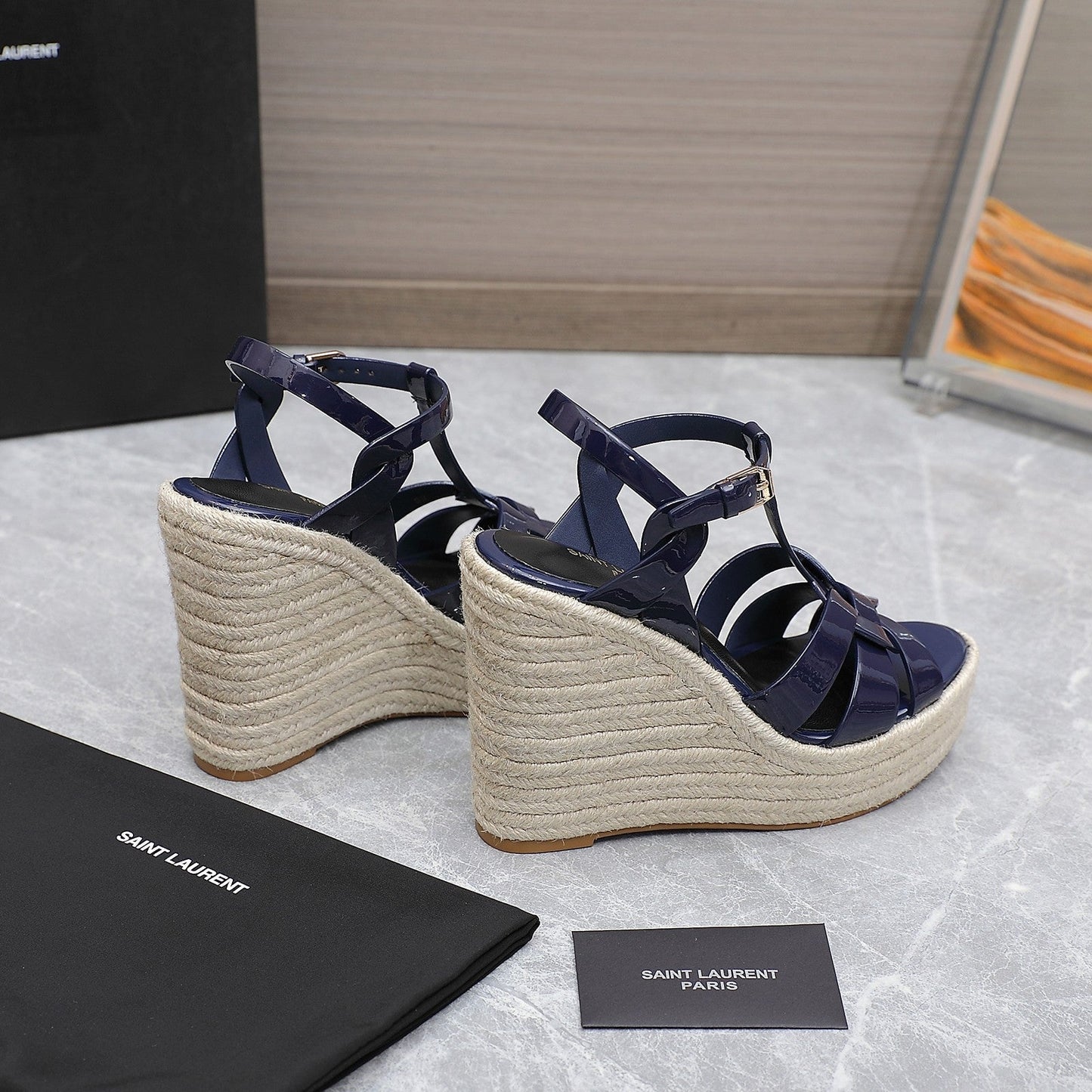 SL TRIBUTE WEDGE SANDALS NAVY POLISHED CALFSKIN