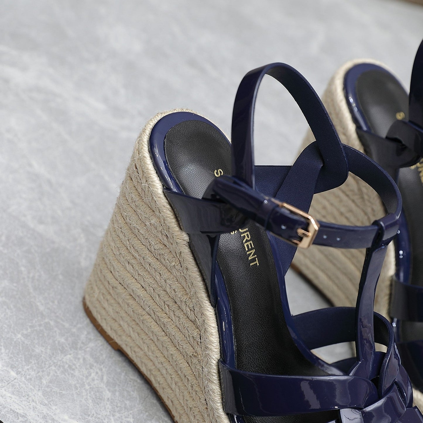 SL TRIBUTE WEDGE SANDALS NAVY POLISHED CALFSKIN