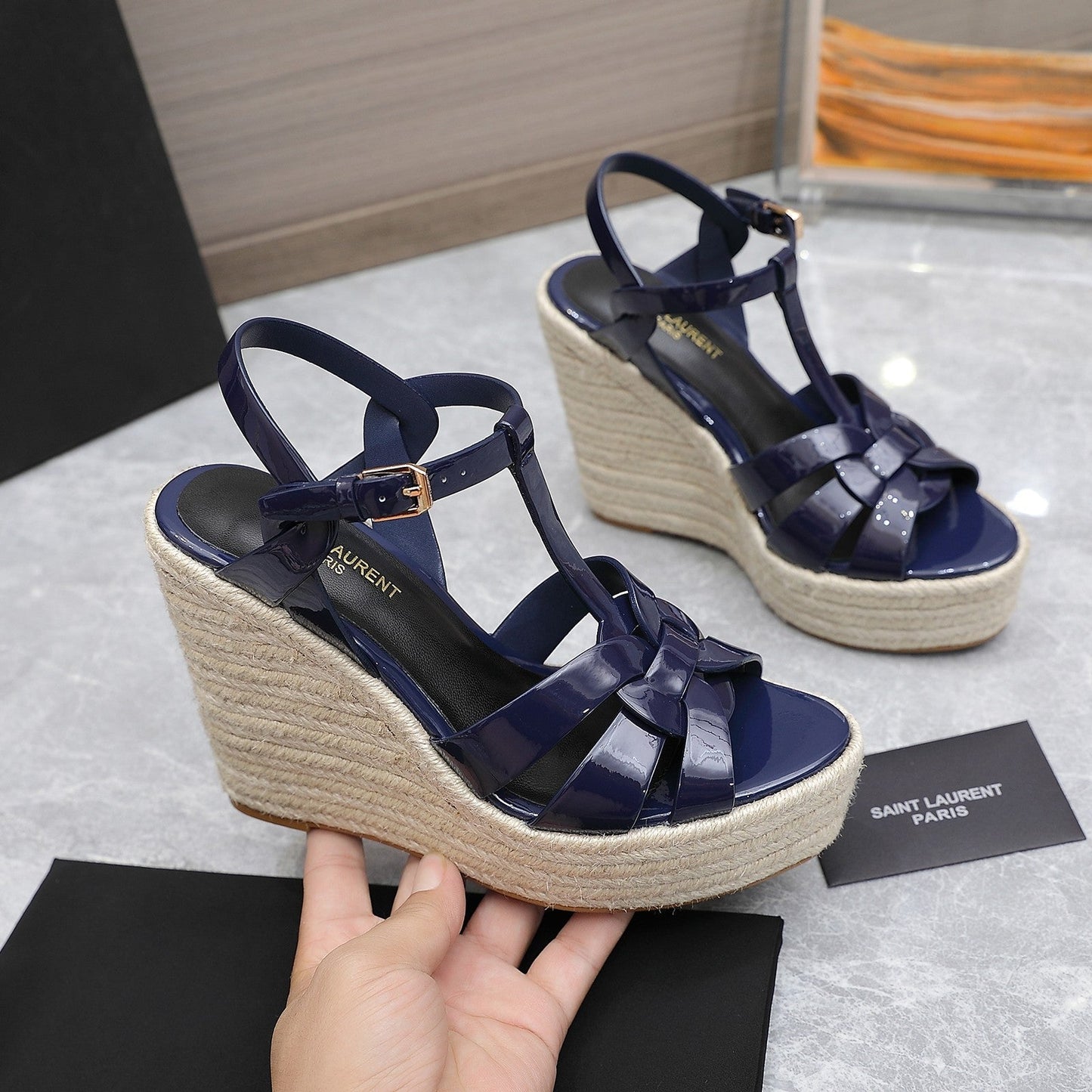 SL TRIBUTE WEDGE SANDALS NAVY POLISHED CALFSKIN