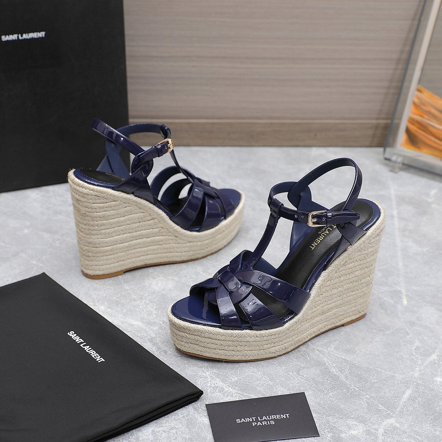 SL TRIBUTE WEDGE SANDALS NAVY POLISHED CALFSKIN