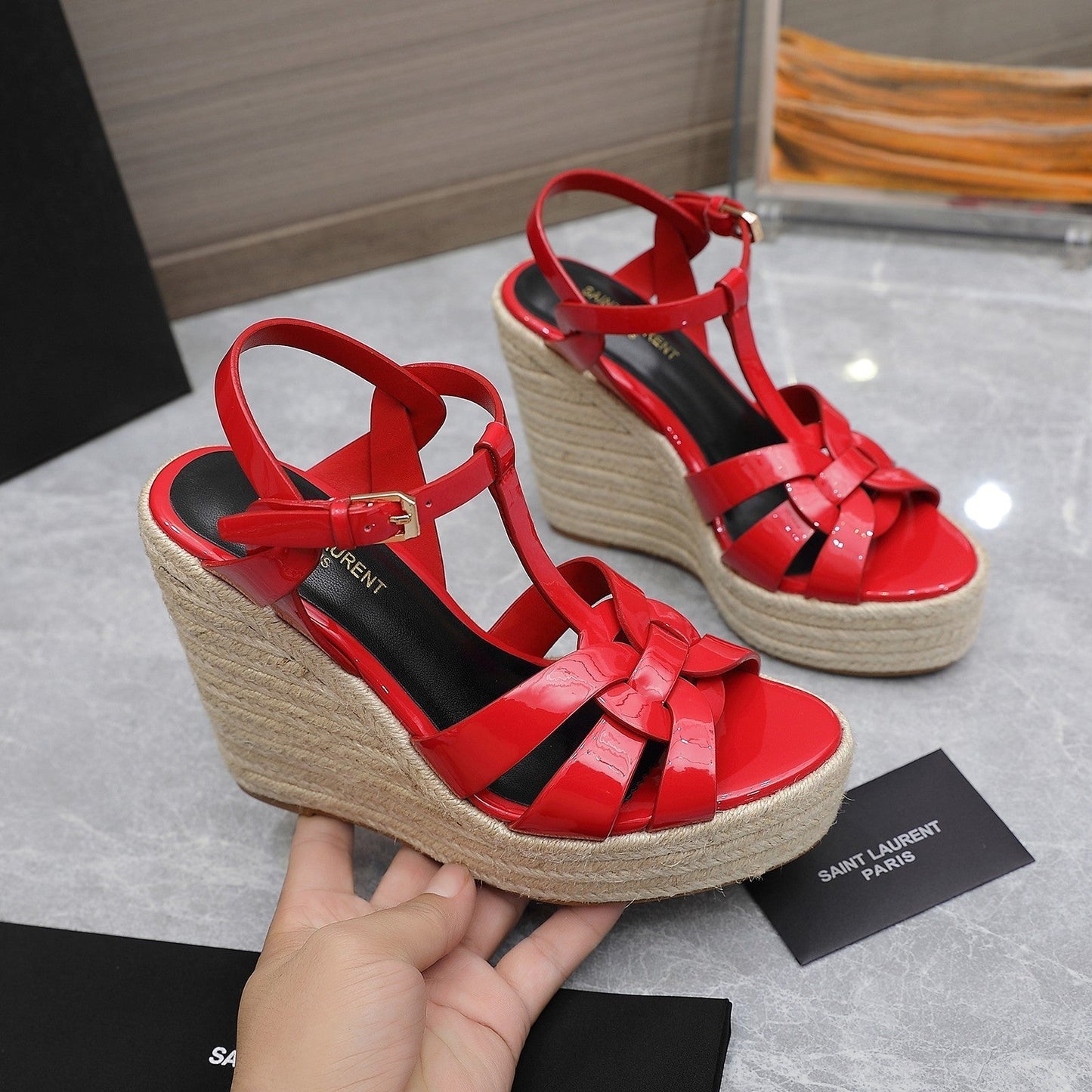 SL TRIBUTE WEDGE SANDALS CRIMSON POLISHED CALFSKIN