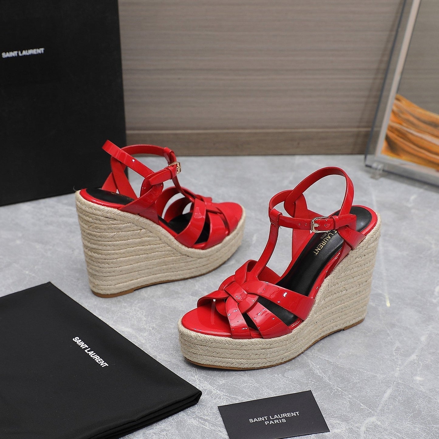 SL TRIBUTE WEDGE SANDALS CRIMSON POLISHED CALFSKIN