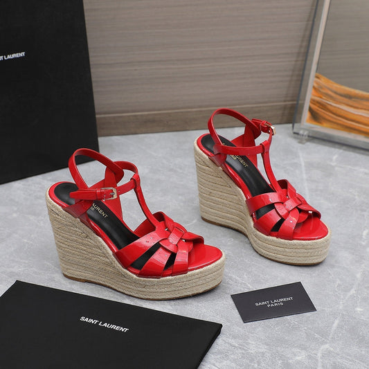 SL TRIBUTE WEDGE SANDALS CRIMSON POLISHED CALFSKIN