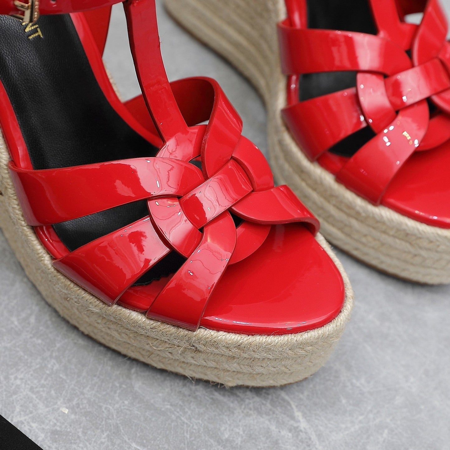 SL TRIBUTE WEDGE SANDALS CRIMSON POLISHED CALFSKIN