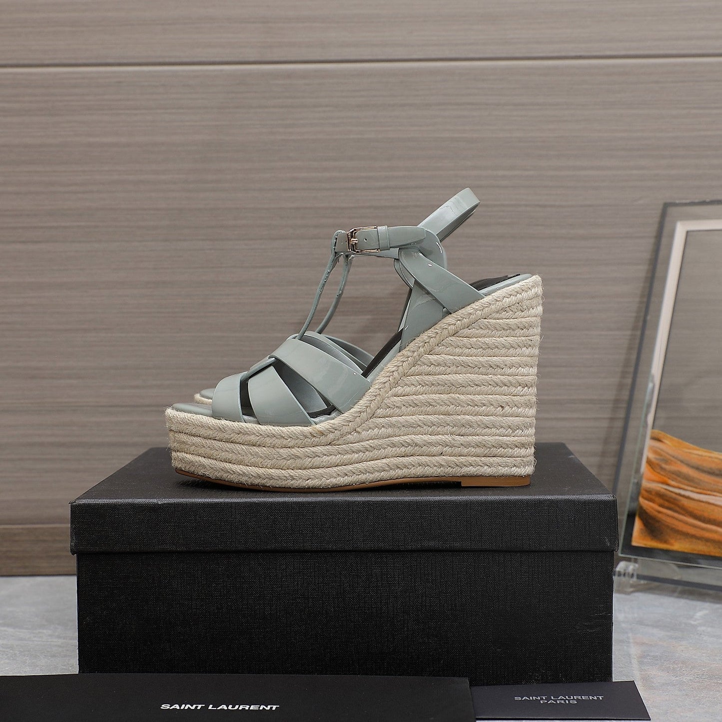 SL TRIBUTE WEDGE SANDALS TEMPERED GREY POLISHED CALFSKIN