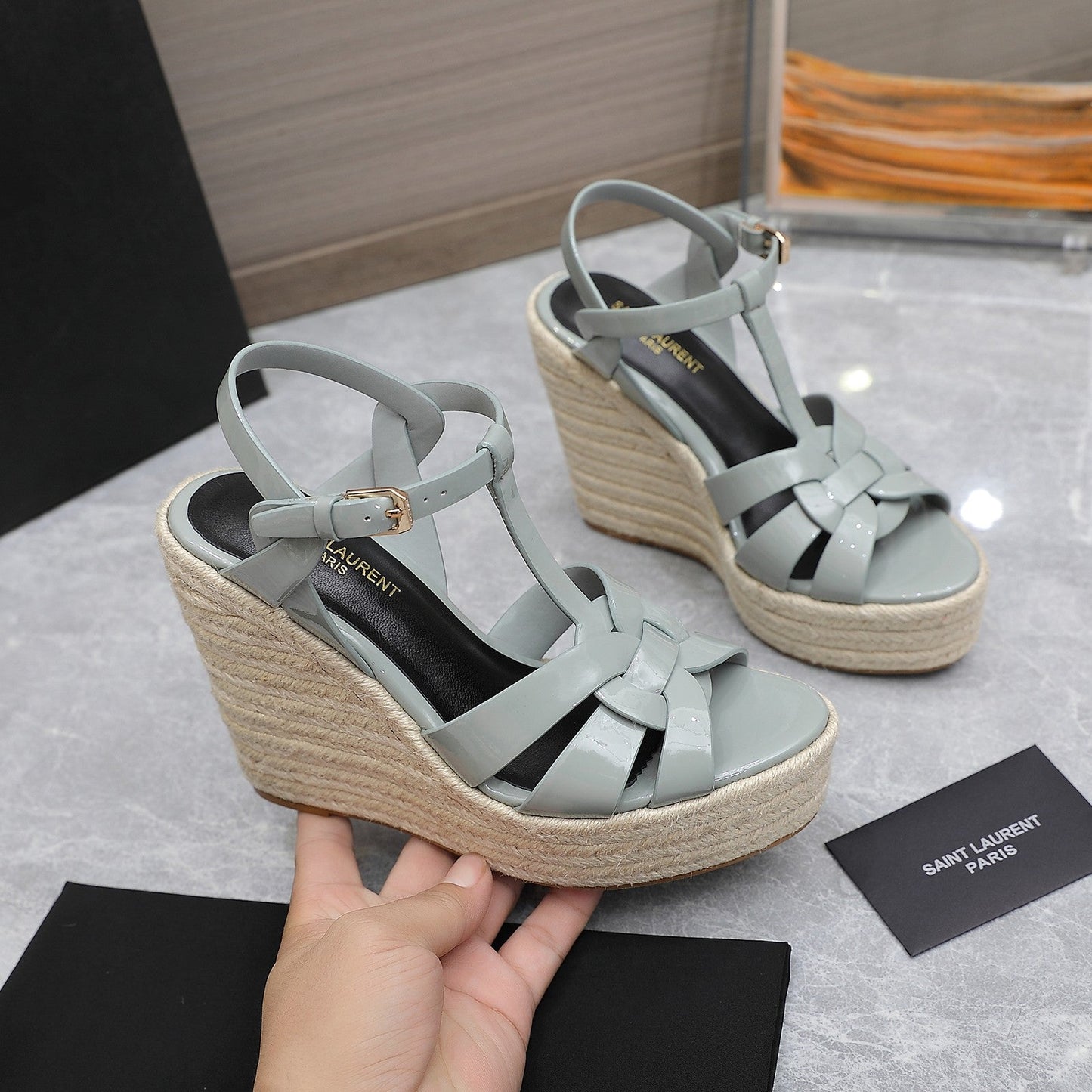 SL TRIBUTE WEDGE SANDALS TEMPERED GREY POLISHED CALFSKIN