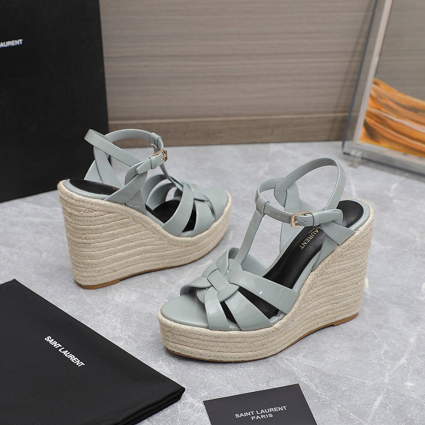 SL TRIBUTE WEDGE SANDALS TEMPERED GREY POLISHED CALFSKIN