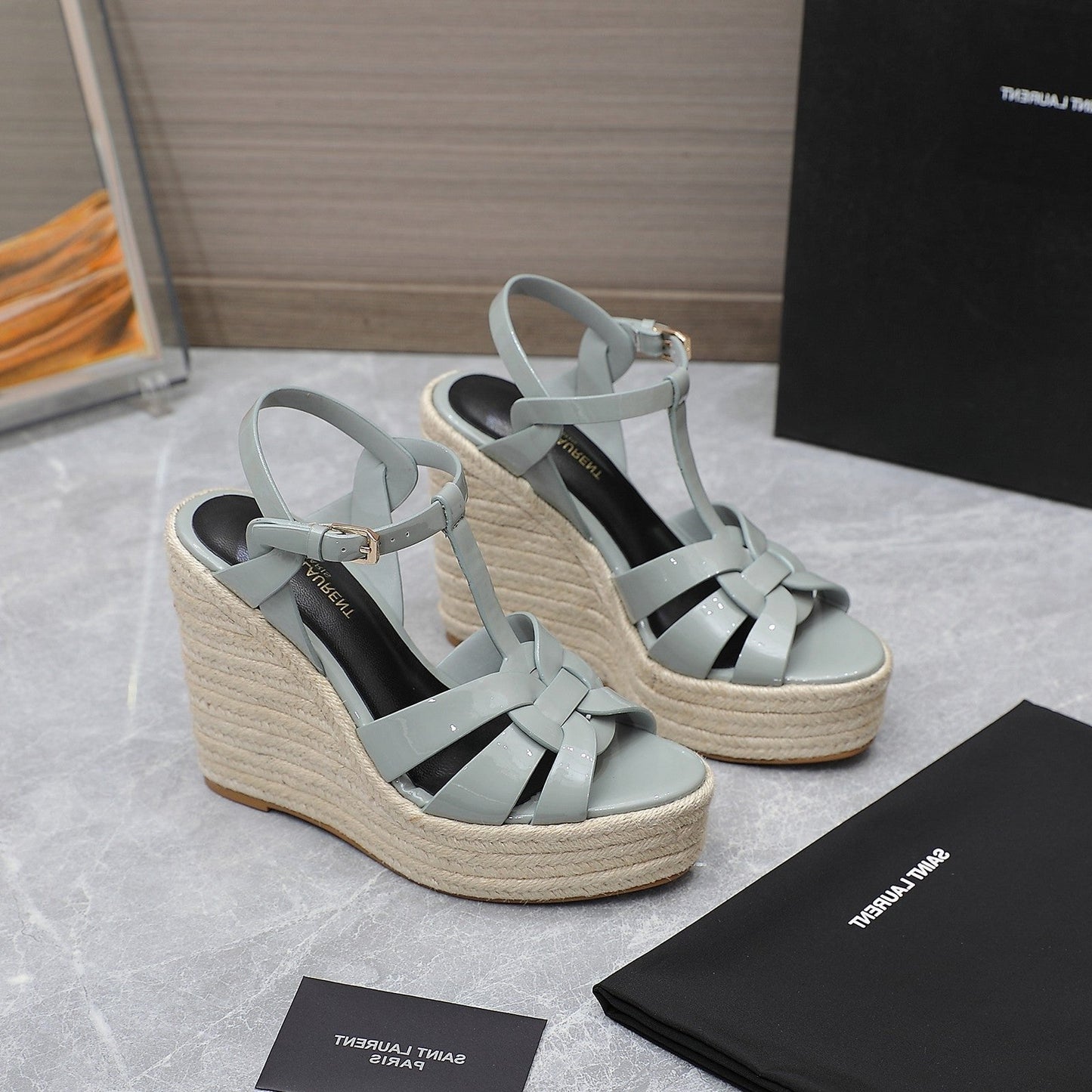 SL TRIBUTE WEDGE SANDALS TEMPERED GREY POLISHED CALFSKIN