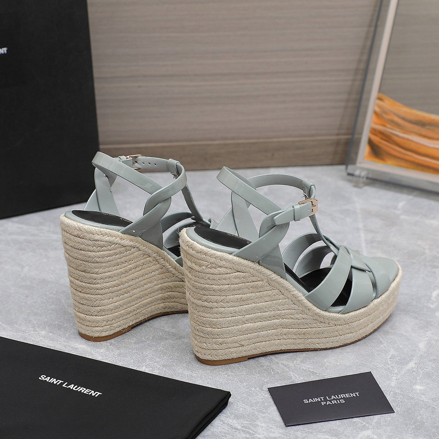 SL TRIBUTE WEDGE SANDALS TEMPERED GREY POLISHED CALFSKIN