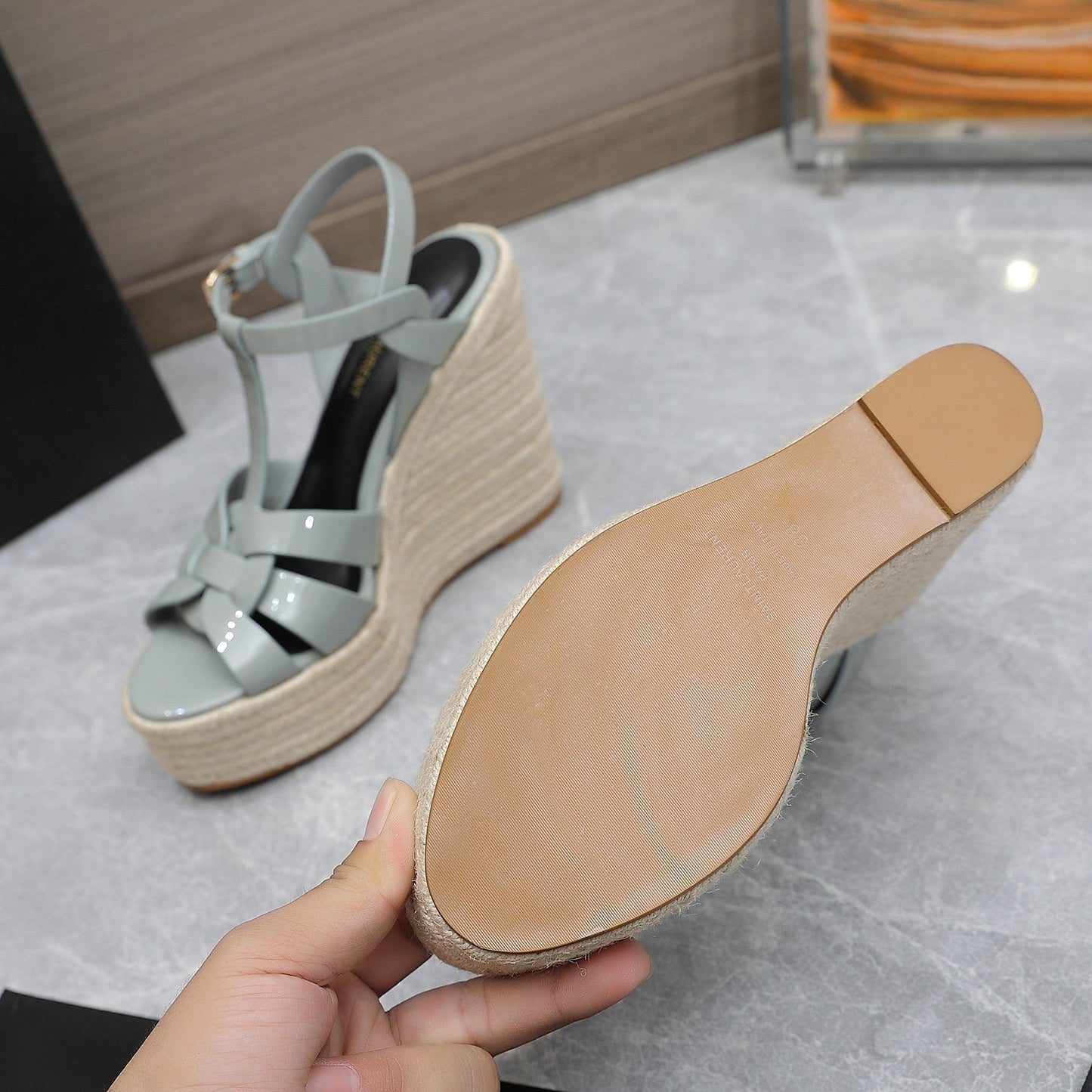 SL TRIBUTE WEDGE SANDALS TEMPERED GREY POLISHED CALFSKIN