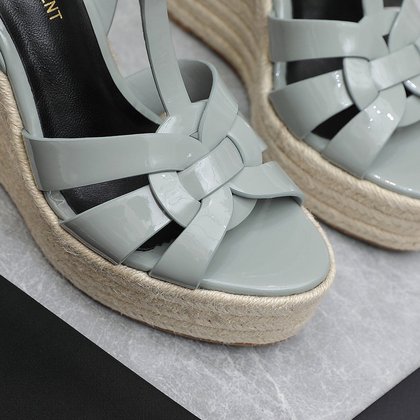 SL TRIBUTE WEDGE SANDALS TEMPERED GREY POLISHED CALFSKIN