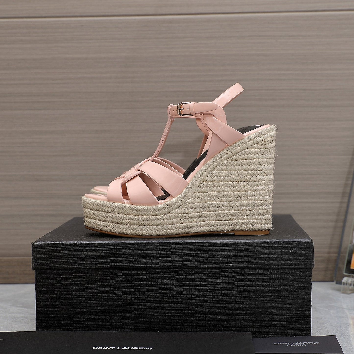 SL TRIBUTE WEDGE SANDALS PASTEL PINK POLISHED CALFSKIN