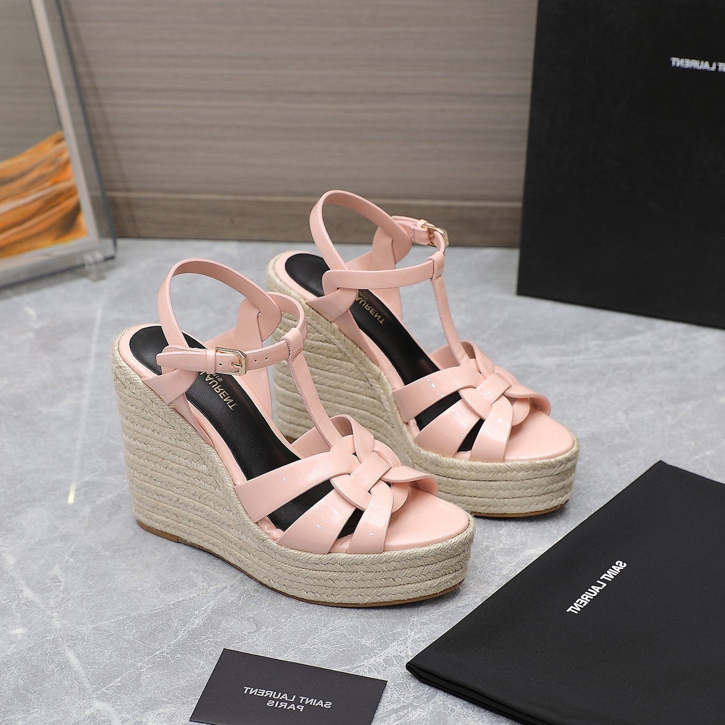 SL TRIBUTE WEDGE SANDALS PASTEL PINK POLISHED CALFSKIN