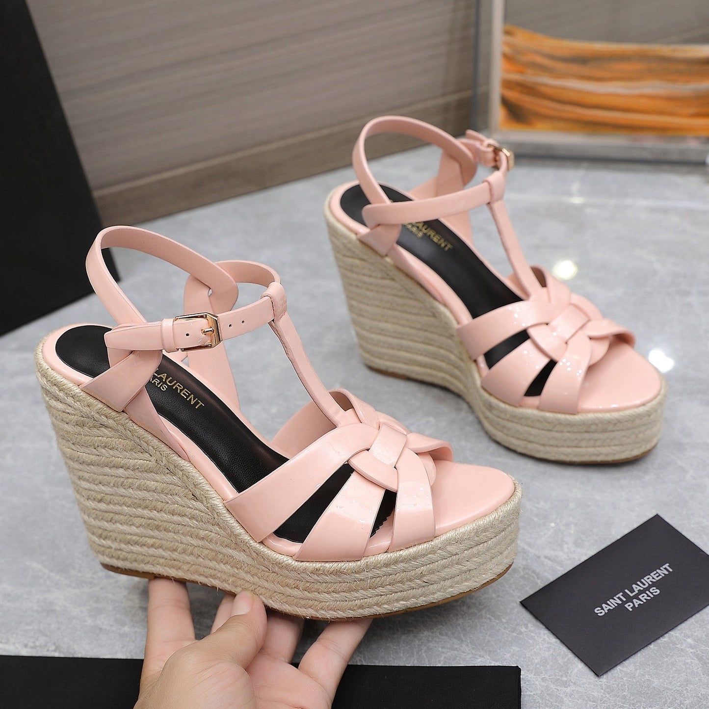 SL TRIBUTE WEDGE SANDALS PASTEL PINK POLISHED CALFSKIN