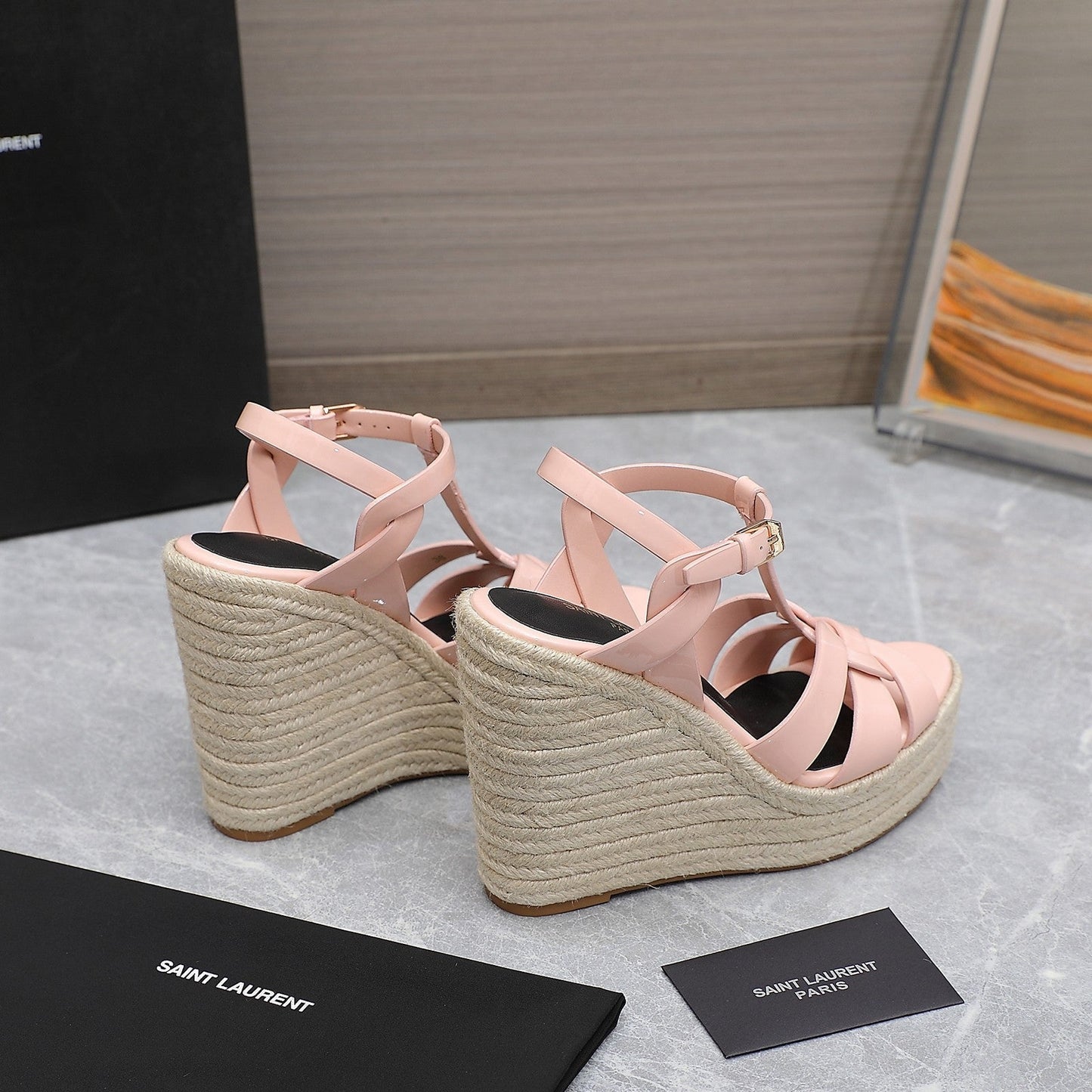 SL TRIBUTE WEDGE SANDALS PASTEL PINK POLISHED CALFSKIN