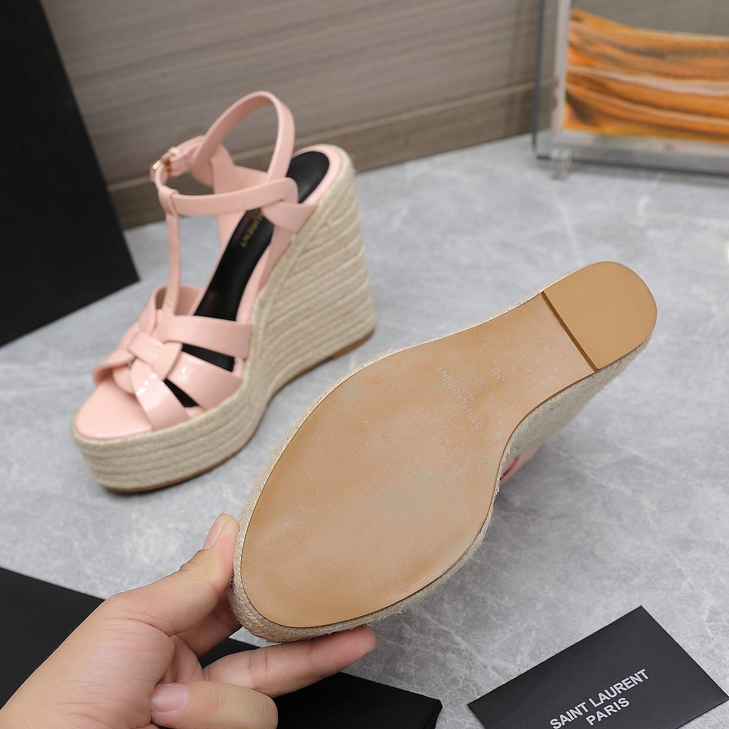 SL TRIBUTE WEDGE SANDALS PASTEL PINK POLISHED CALFSKIN