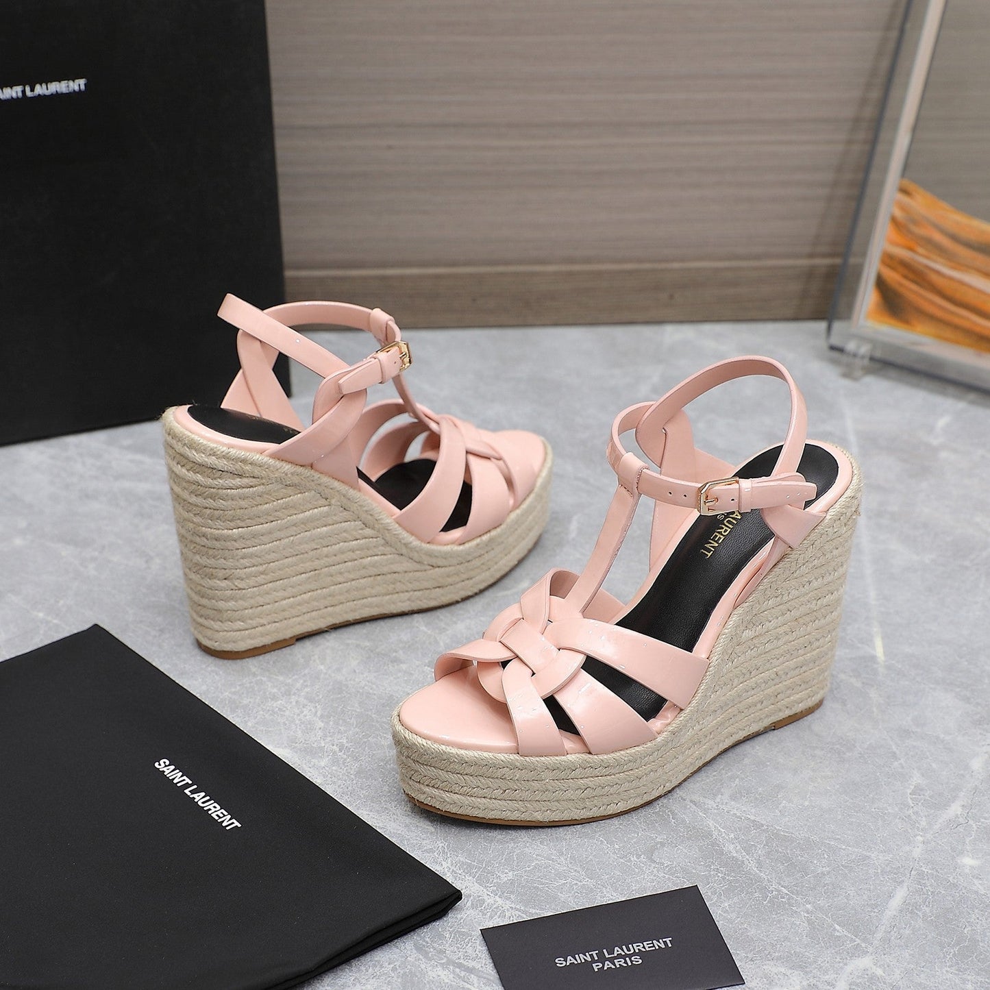 SL TRIBUTE WEDGE SANDALS PASTEL PINK POLISHED CALFSKIN