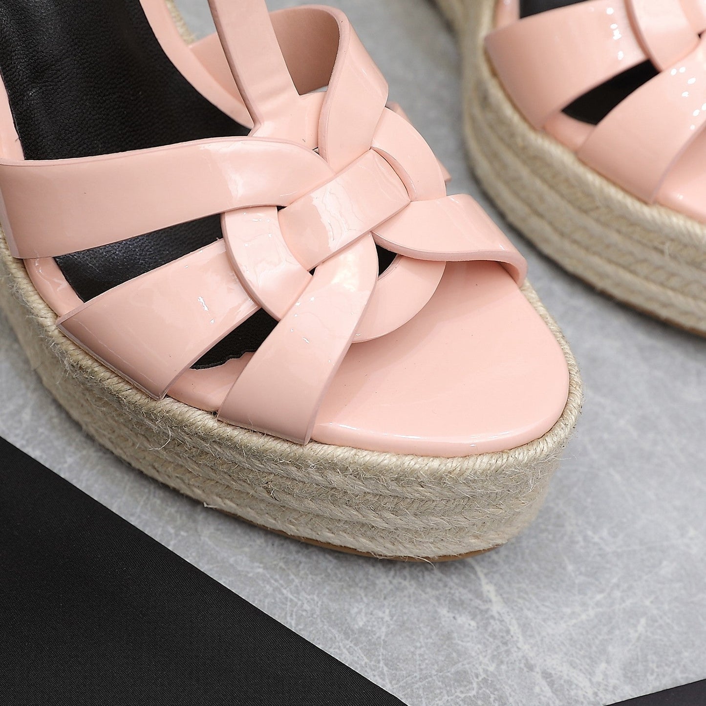 SL TRIBUTE WEDGE SANDALS PASTEL PINK POLISHED CALFSKIN