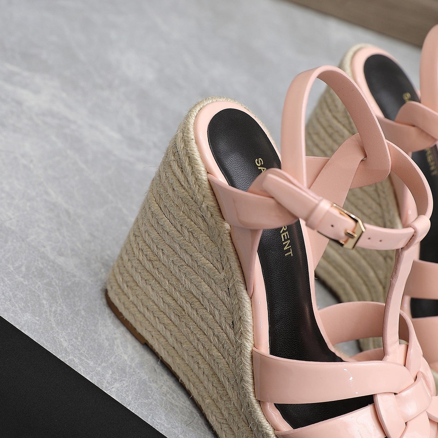 SL TRIBUTE WEDGE SANDALS PASTEL PINK POLISHED CALFSKIN