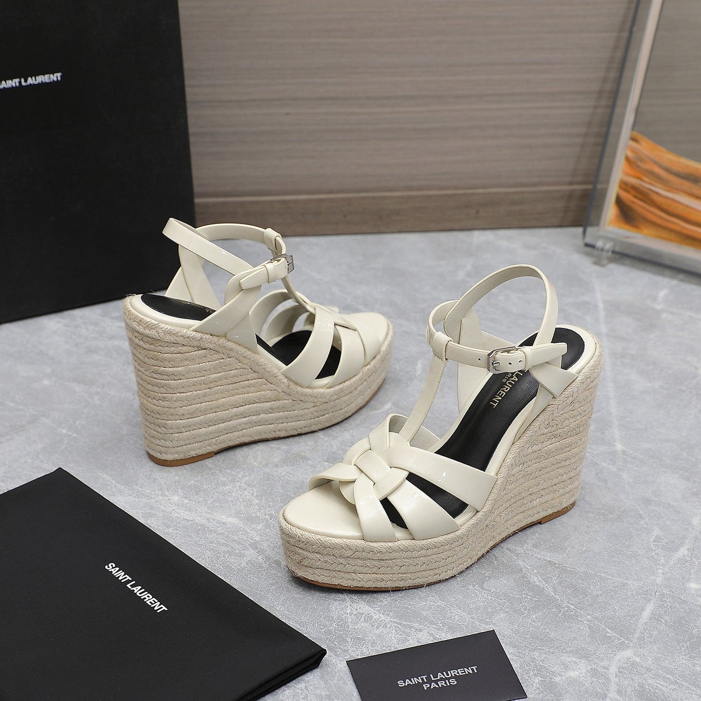 SL TRIBUTE WEDGE SANDALS CREAM POLISHED CALFSKIN