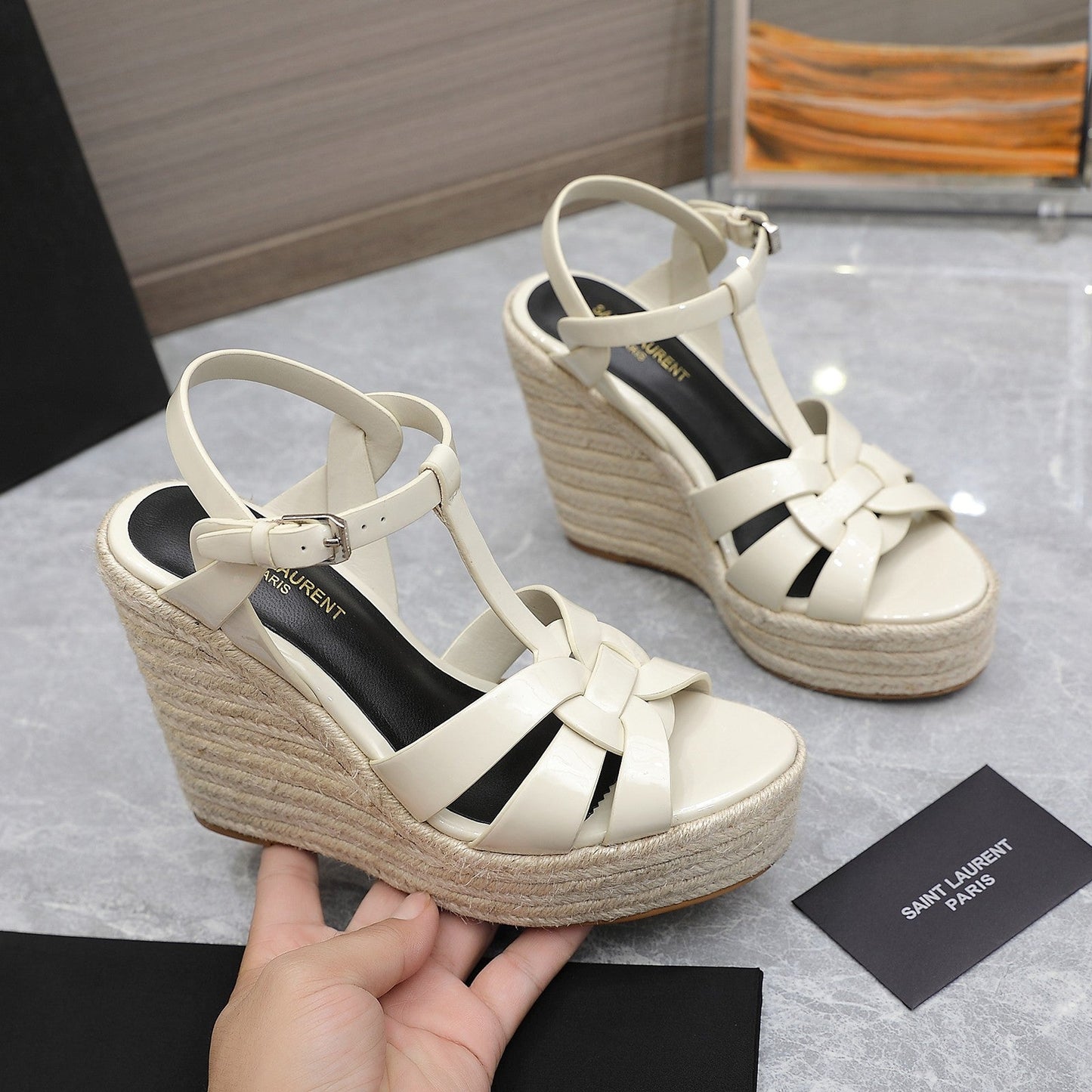 SL TRIBUTE WEDGE SANDALS CREAM POLISHED CALFSKIN