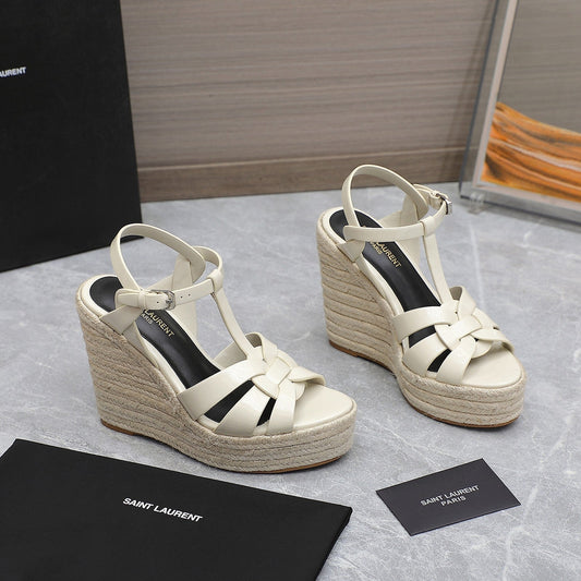 SL TRIBUTE WEDGE SANDALS CREAM POLISHED CALFSKIN