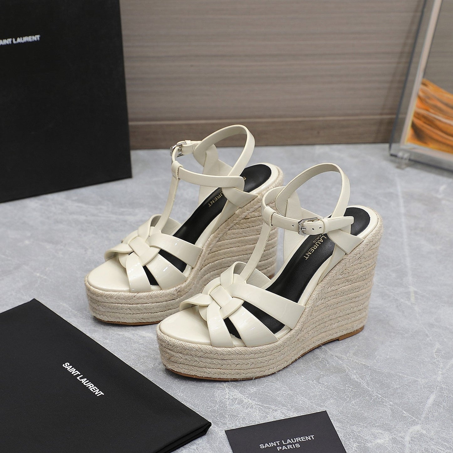 SL TRIBUTE WEDGE SANDALS CREAM POLISHED CALFSKIN