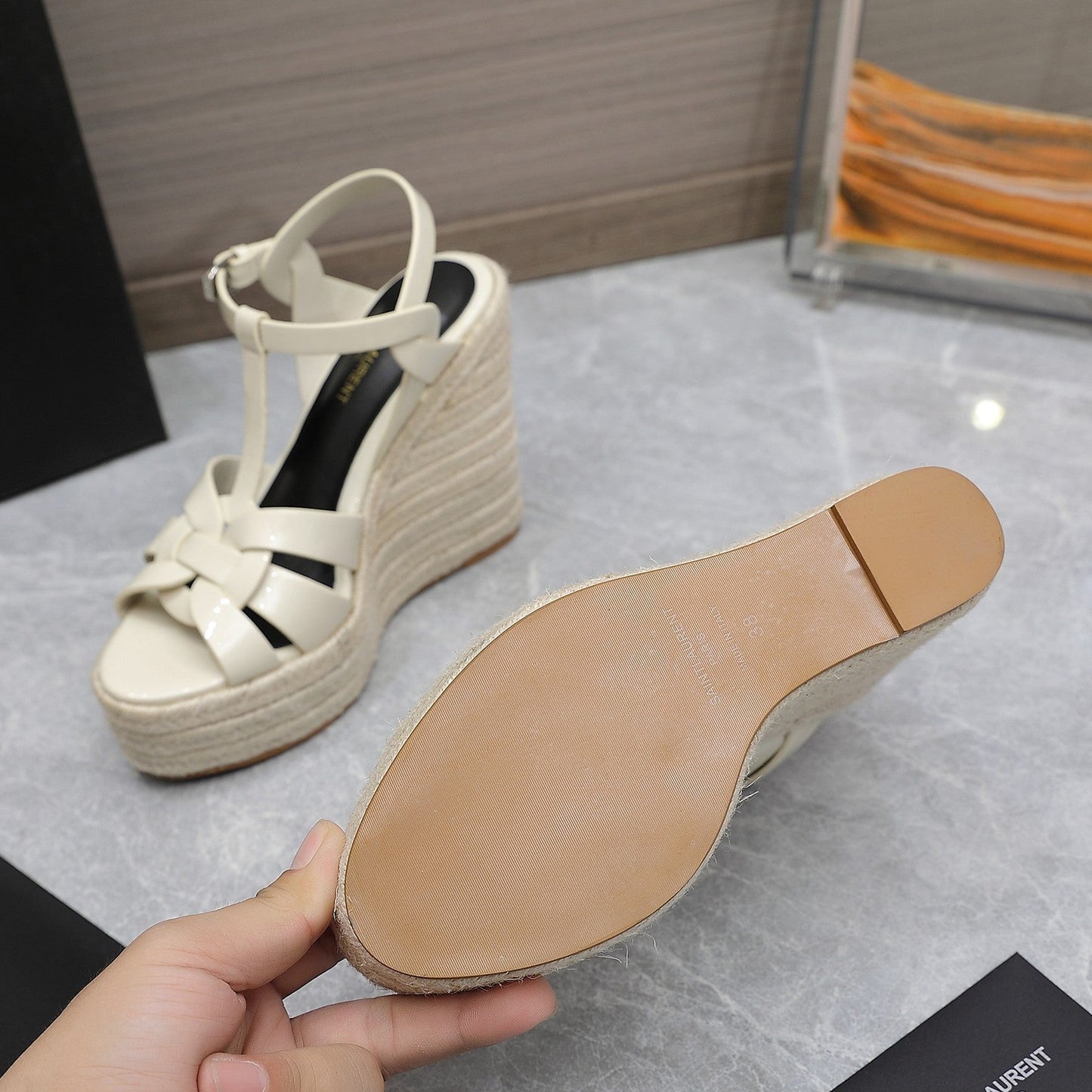 SL TRIBUTE WEDGE SANDALS CREAM POLISHED CALFSKIN