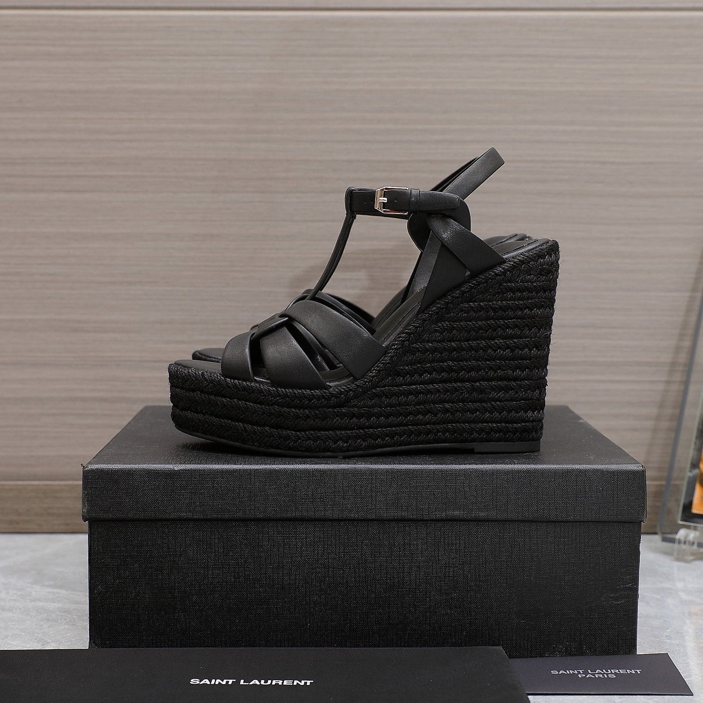 SL TRIBUTE WEDGE SANDALS BLACK CALFSKIN