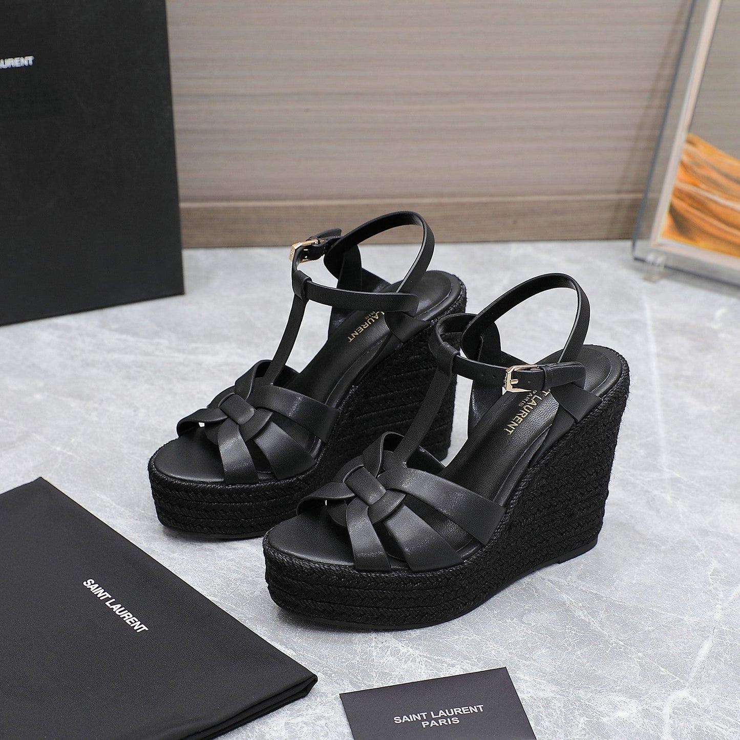 SL TRIBUTE WEDGE SANDALS BLACK CALFSKIN