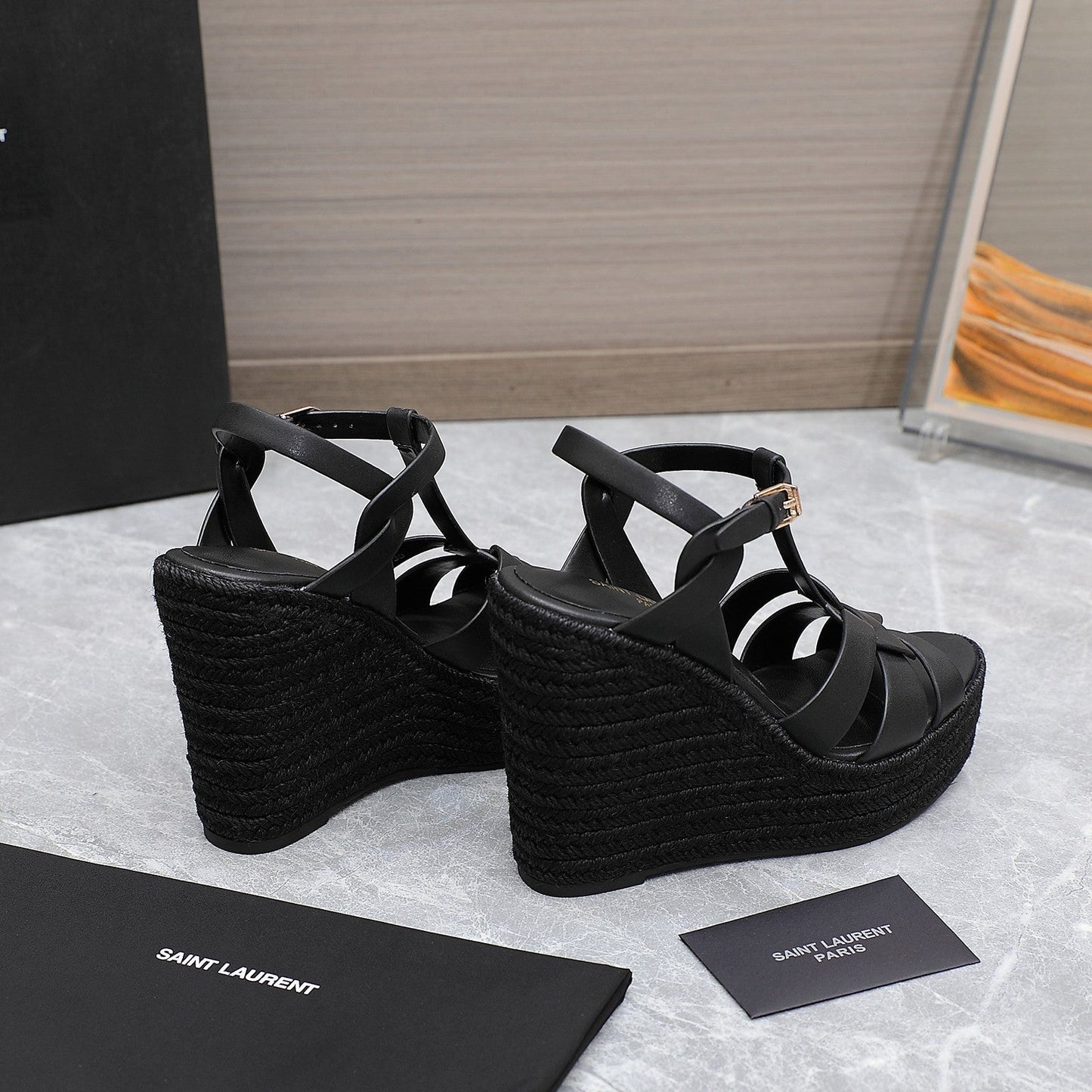 SL TRIBUTE WEDGE SANDALS BLACK CALFSKIN