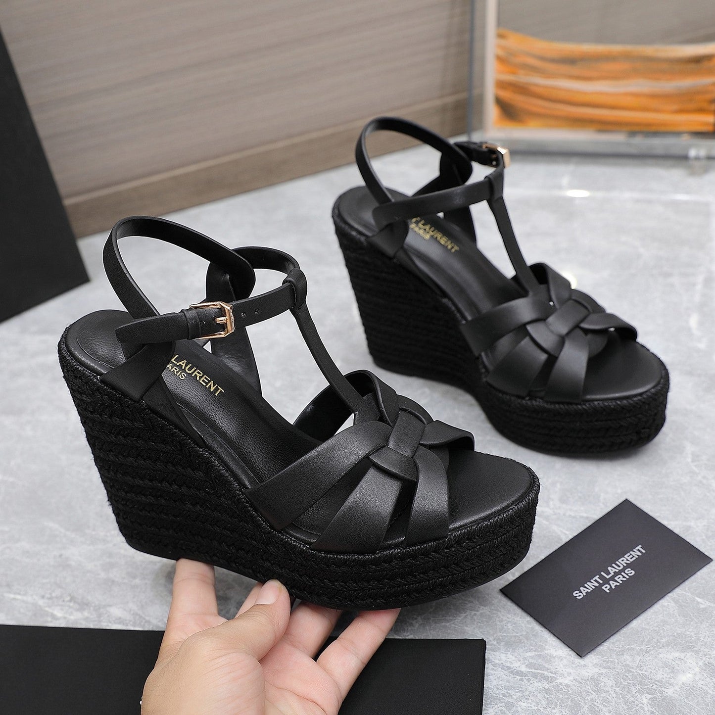 SL TRIBUTE WEDGE SANDALS BLACK CALFSKIN