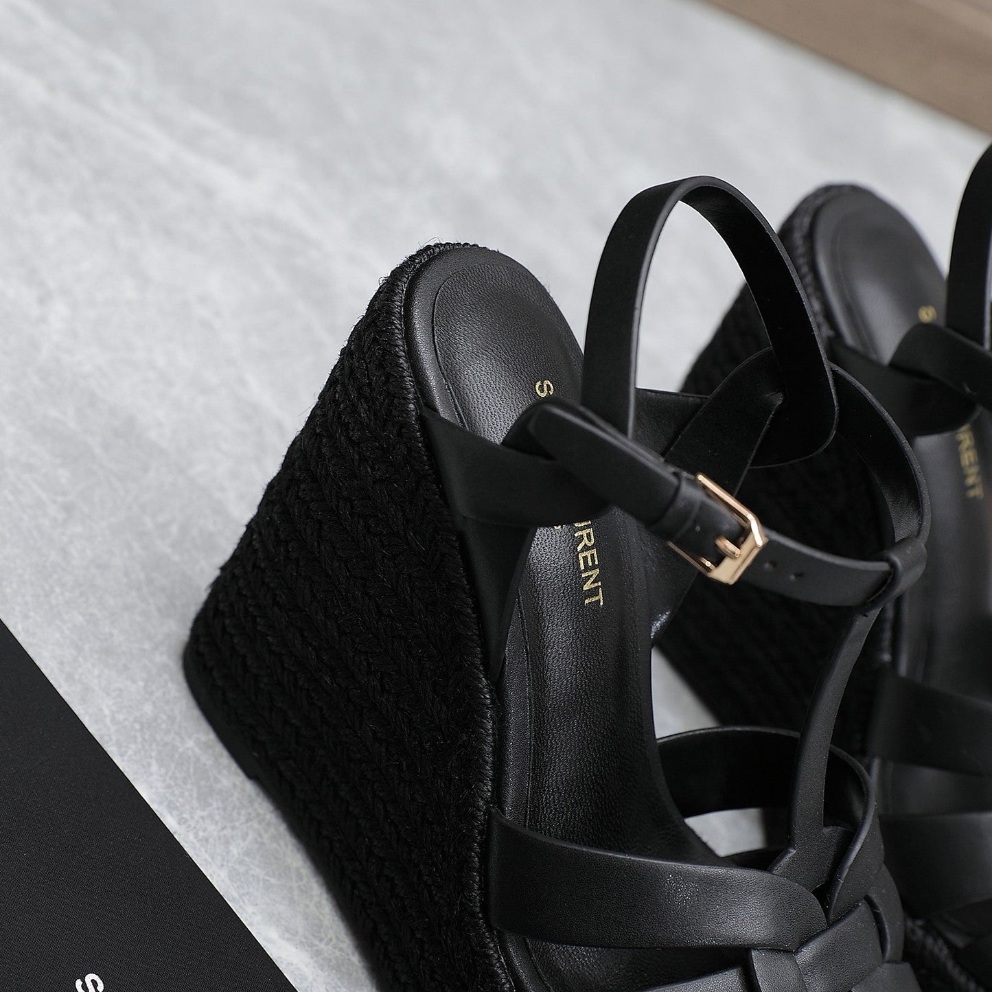 SL TRIBUTE WEDGE SANDALS BLACK CALFSKIN