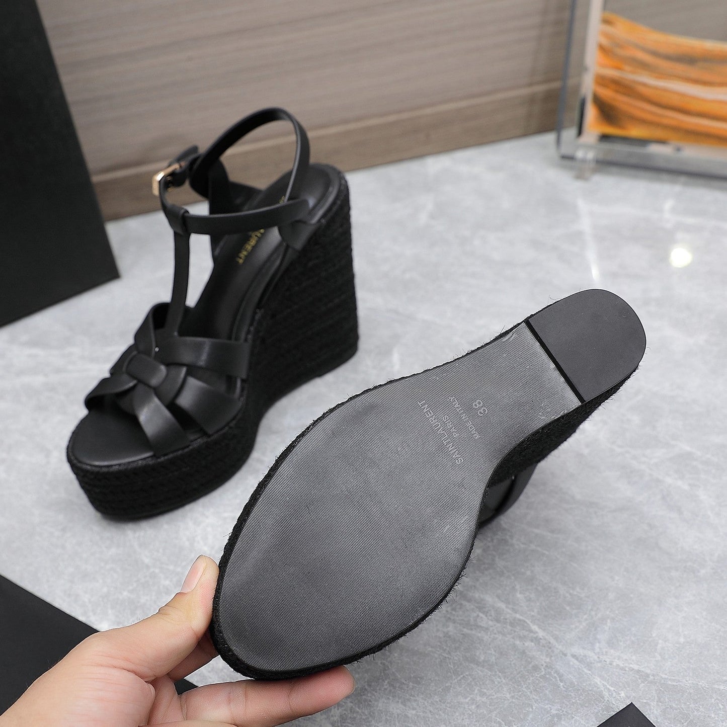 SL TRIBUTE WEDGE SANDALS BLACK CALFSKIN