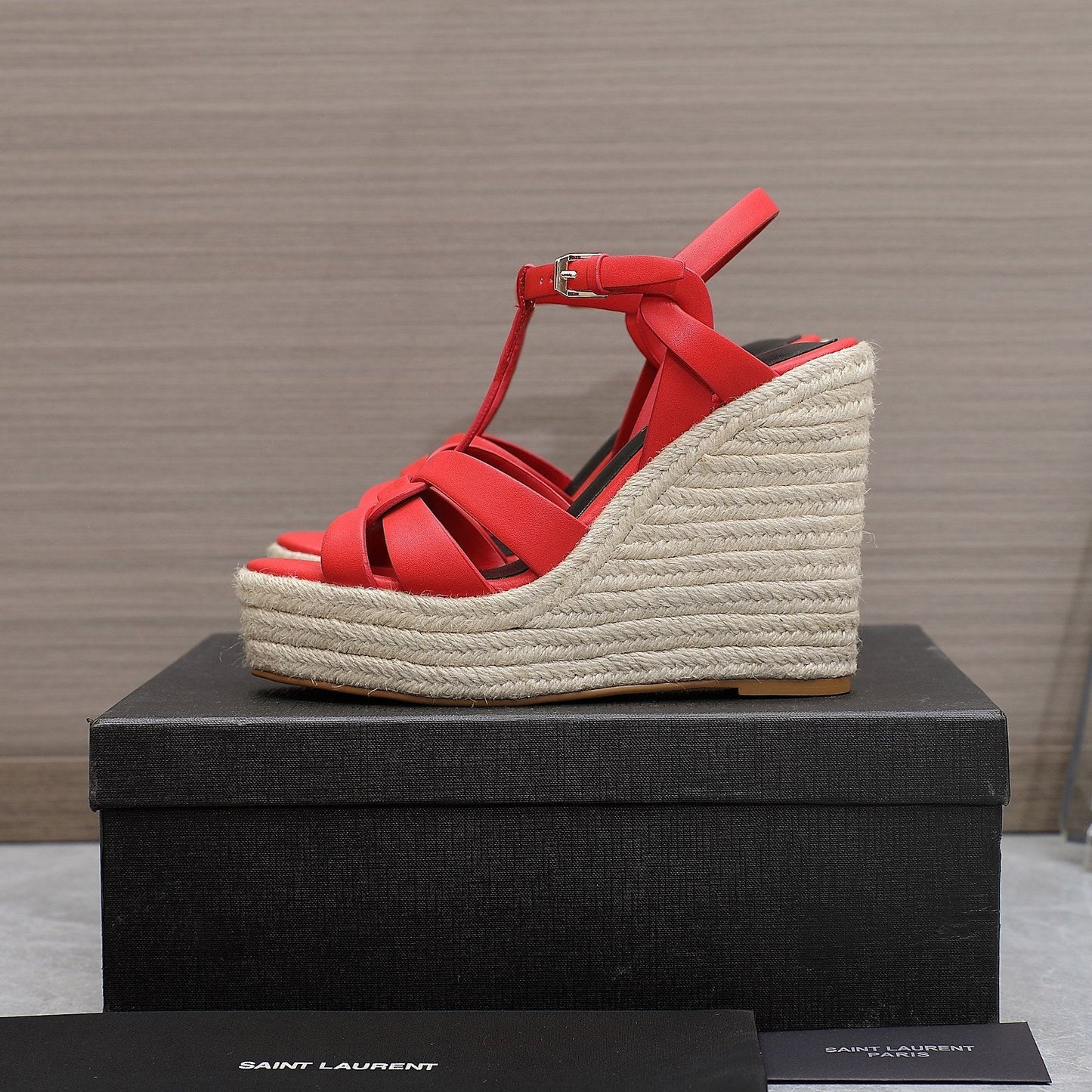 SL TRIBUTE WEDGE SANDALS CRIMSON CALFSKIN