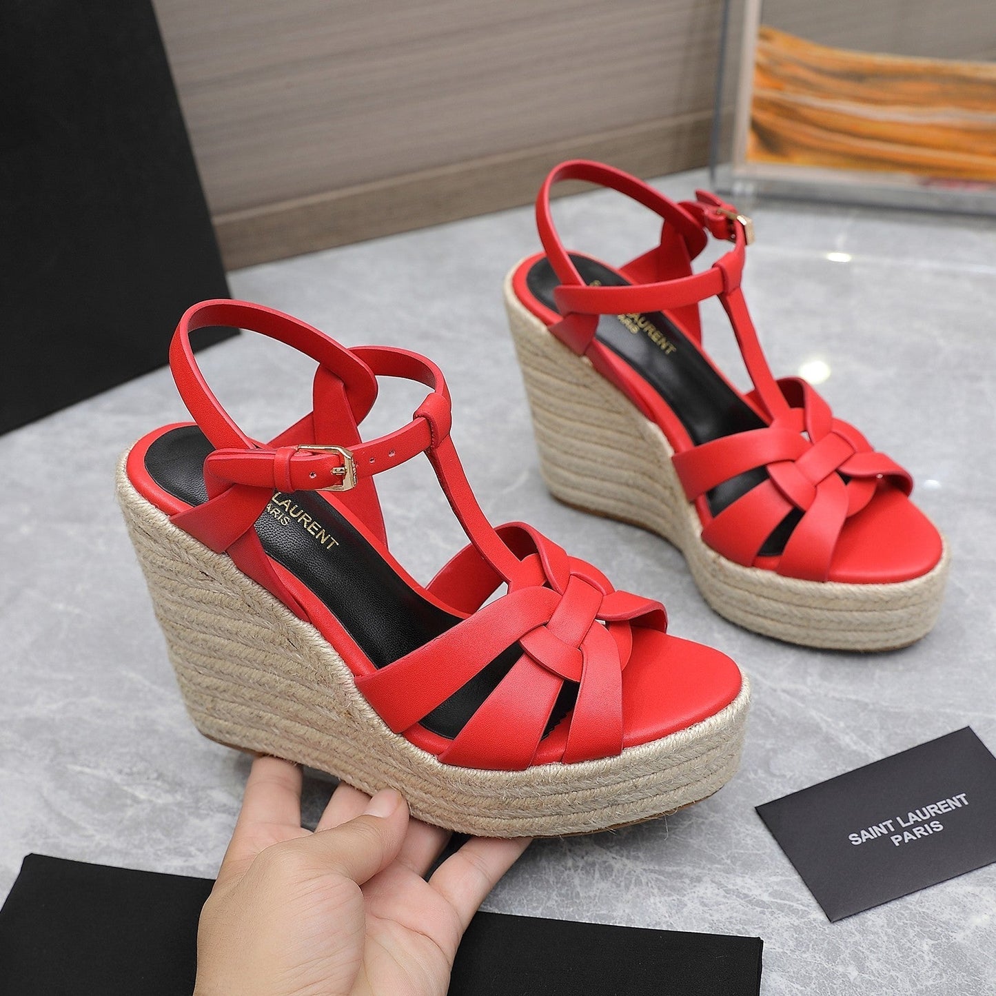 SL TRIBUTE WEDGE SANDALS CRIMSON CALFSKIN