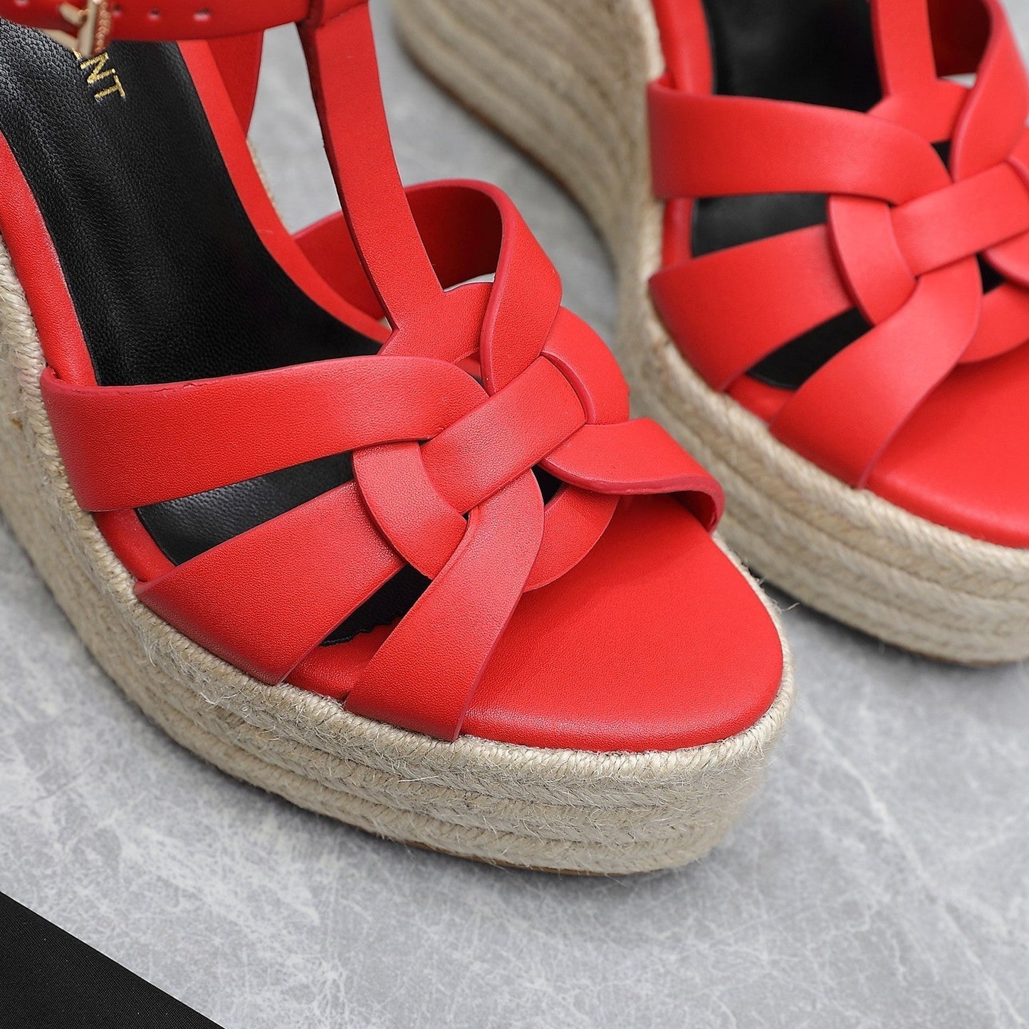 SL TRIBUTE WEDGE SANDALS CRIMSON CALFSKIN