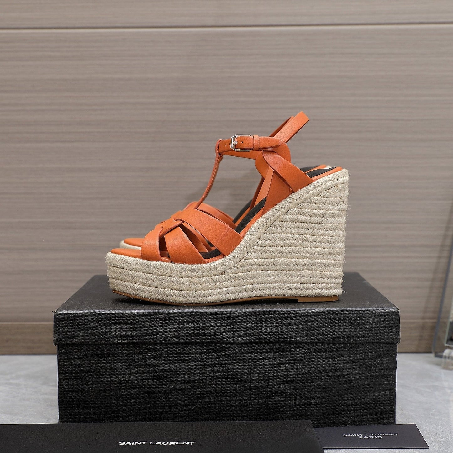 SL TRIBUTE WEDGE SANDALS ORANGE CALFSKIN