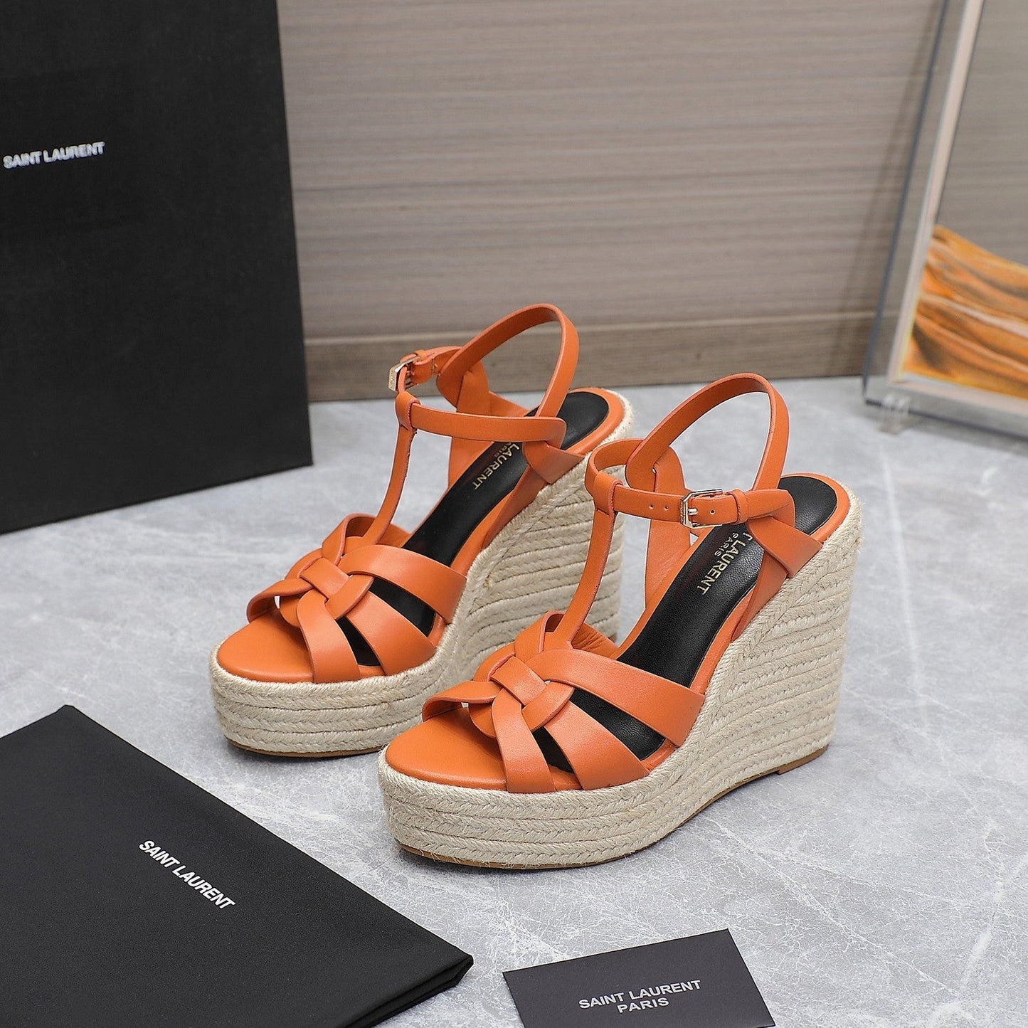 SL TRIBUTE WEDGE SANDALS ORANGE CALFSKIN