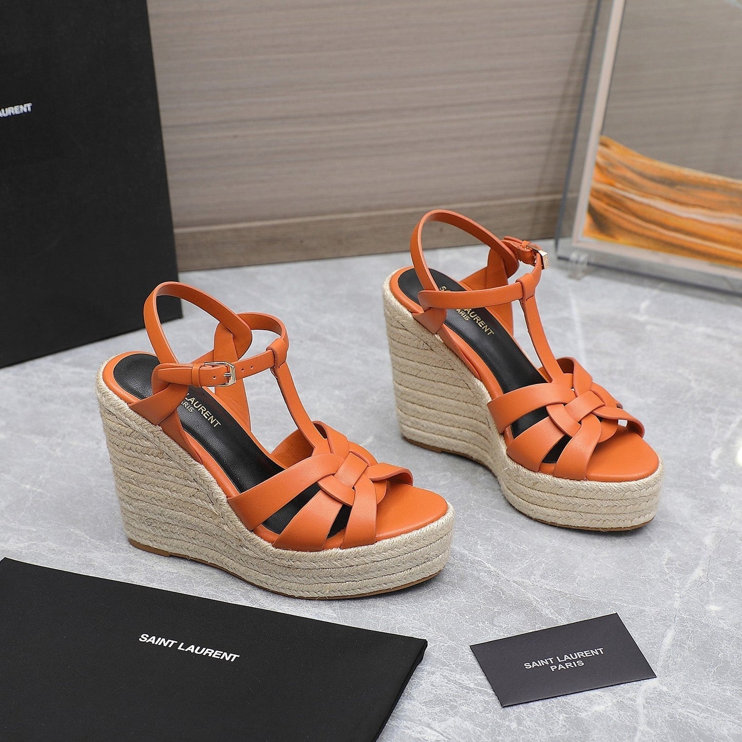 SL TRIBUTE WEDGE SANDALS ORANGE CALFSKIN