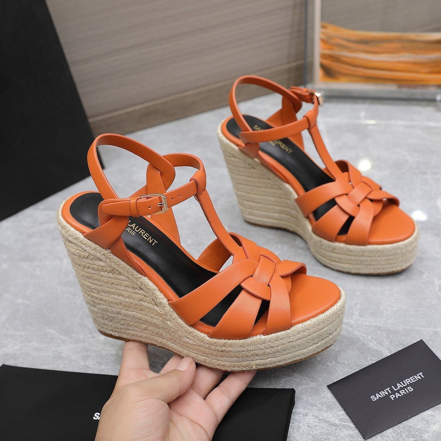 SL TRIBUTE WEDGE SANDALS ORANGE CALFSKIN