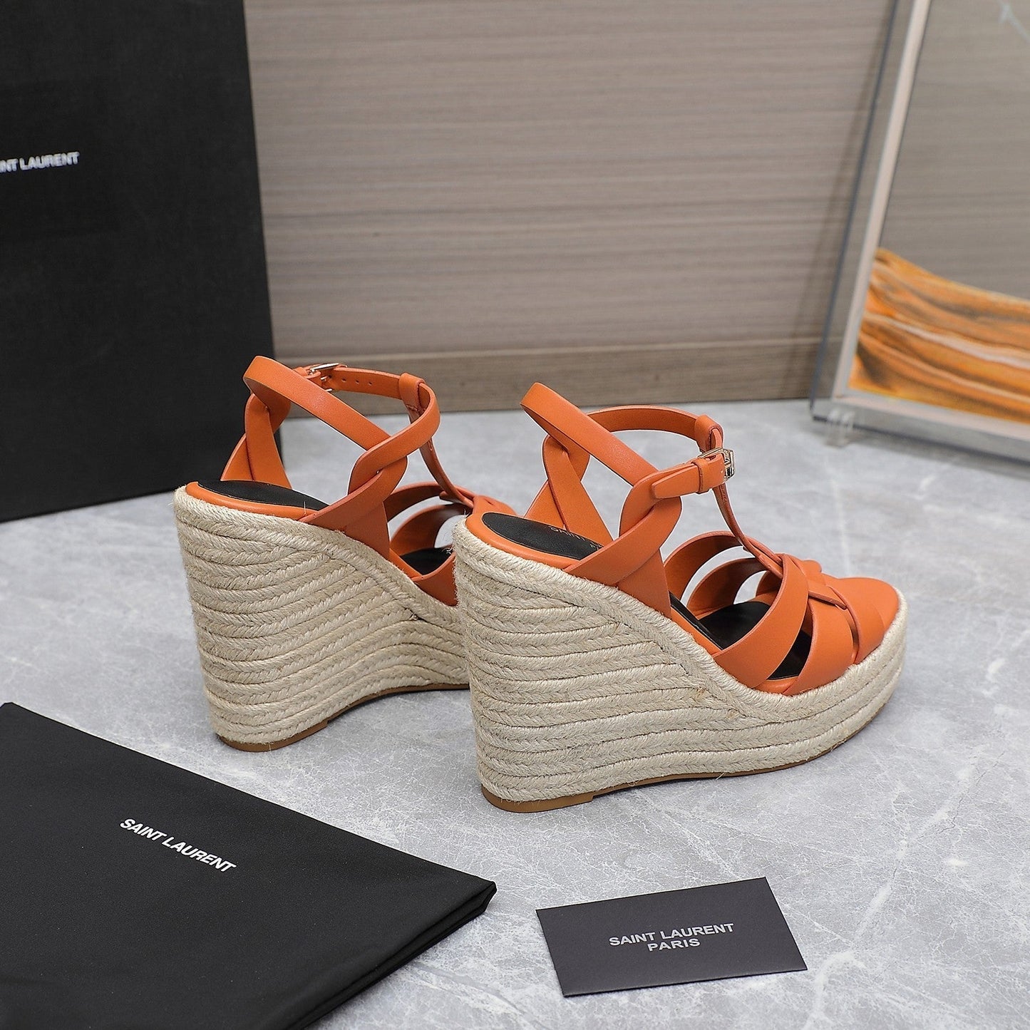 SL TRIBUTE WEDGE SANDALS ORANGE CALFSKIN