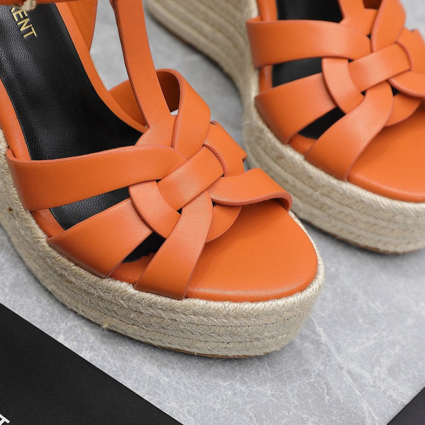 SL TRIBUTE WEDGE SANDALS ORANGE CALFSKIN